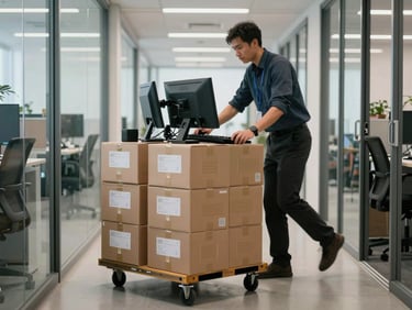 Medium shot of office monitors and stacked file boxes being loaded onto a wheeled platform inside a bright office corridor, overcast daylight from glass partitions, crew member in motion