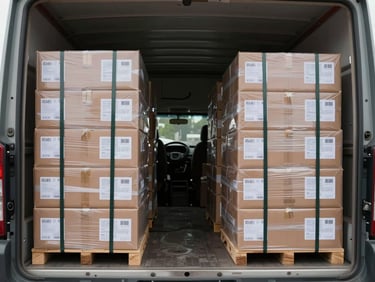 Wide shot inside a truck interior showing neatly stacked sealed cartons with printed labels, straps securing the load to the truck wall, overcast natural light from the open truck door, organized rows visible from front to back