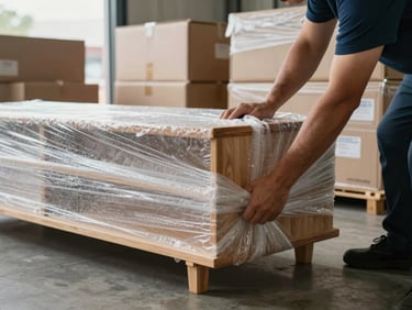 Medium environmental shot of a mover's hands wrapping a wooden furniture corner in thick bubble wrap on a loading bay floor, natural overcast daylight, sealed cartons stacked behind, methodical and organized