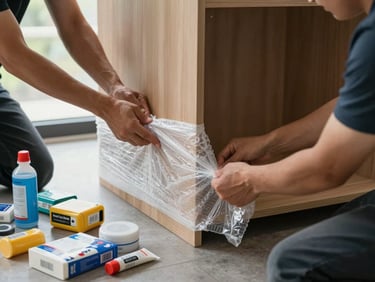 Medium environmental shot of two workers wrapping a wooden cabinet corner tightly in bubble wrap, hands visible securing the material, natural daylight through a window, organized packing supplies arranged on the floor beside them