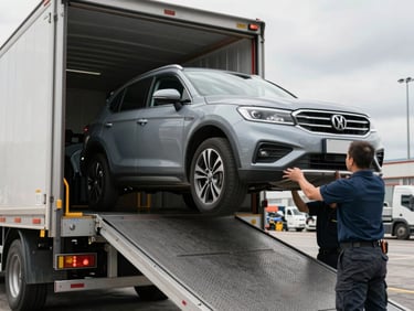 Medium shot of a car being guided up a hydraulic loading ramp into an enclosed carrier truck, crew member's hands visible steadying the wheel, overcast natural daylight, organised dock environment