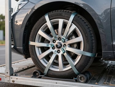 Close-up of a car wheel secured inside a purpose-built enclosed car carrier, metal strapping and rubber wheel chocks visible, interior of carrier in organized condition, natural daylight from carrier ramp