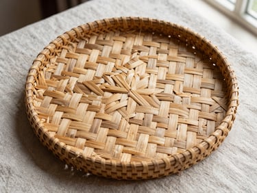 Close detail of Indonesian woven rattan handicraft piece on neutral linen surface under natural window light, basket weave pattern sharp and centered, raw material texture evident, no props or styling