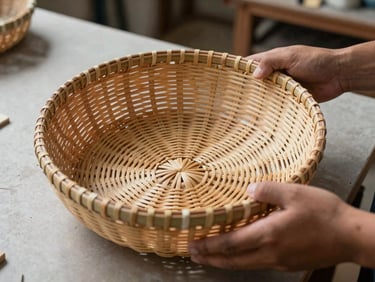 Hands holding a hand-woven rattan basket on a plain workshop table, natural overhead light, artisan craft detail visible in texture, documentary close study