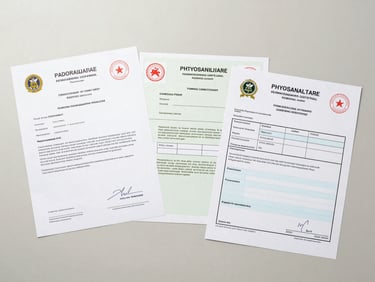 Overhead flat-lay of official Indonesian export documentation — certificate of origin, customs form, and phytosanitary certificate arranged on a pale surface under neutral studio strobe, stamps and official seals visible, no text legible, clean institutional framing