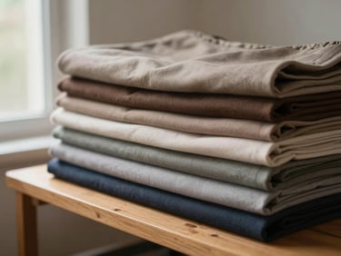 Close-up of folded modest-fashion fabric bolts in muted earth tones stacked on a wooden shelf, natural daylight from a side window, clean documentary framing