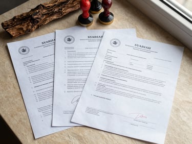 Overhead flat-lay on a parchment surface: official export documentation and syariah contract papers spread open, stamped seals visible, a piece of raw agarwood resting at the corner, natural daylight from a high window casting soft even light across the documents