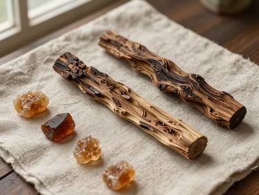 Overhead flat-lay of agarwood chips and small resin blocks arranged on unbleached linen, natural window light, documentary product study, warm neutral tones