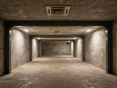 Wide environmental shot of a finished underground bunker interior showing a full living area with integrated ceiling ventilation, cool studio lighting illuminating material junctions of concrete and dark steel, no people, no warm tones