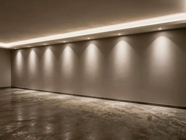 Wide environmental shot of an underground entertainment room with a recessed media wall, cool strobe lighting catching the matte finish of wall panels and polished concrete floor, no people, no warm tones, objects at rest on surfaces