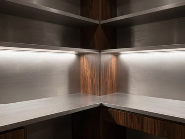 Environmental wide shot of a finished underground private study, cool studio lighting illuminating a desk surface with recessed shelving, brushed steel and dark timber material junction visible, no people, tight architectural framing