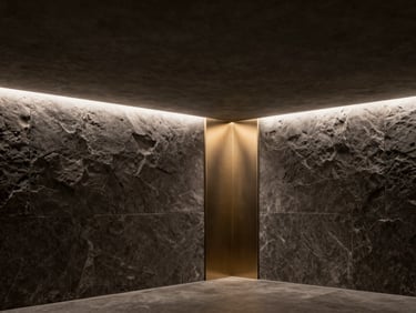Tight detail of an underground room interior finish — a material junction where honed dark stone meets a brushed metal reveal strip, flush concealed lighting casting a cool linear glow along the seam, precise symmetry, close framing, no human elements, no warm tones, studio strobe lighting, graphite and muted gold accent
