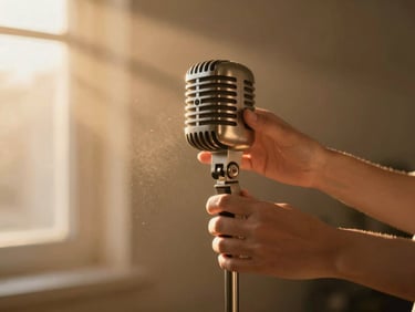Hands carefully placing a vintage microphone on a stand, warm golden-hour light streaming from behind, dust particles visible.