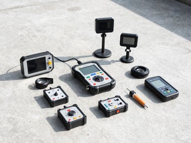 Technical diagnostic tools and digital sensors laid out neatly on a clean concrete work surface, bright cool winter daylight, high-contrast.