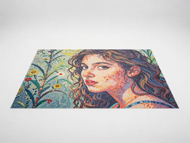 Flatlay of a finished small-format pointillist work on a clean white studio ground, diffuse overhead light, full work visible with dot structure readable at this scale, no props