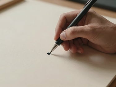 Artist's hand holding a fine-tipped pen, mid-placement of a single dot onto a pale ivory canvas, diffuse studio light, shallow depth of field with surrounding dot cluster softly blurred, warm ambient tone