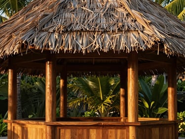 Close-up of a premium tropical kiosk with hand-woven palm roof, rich wood pillars, soft golden-hour lighting, architectural photography