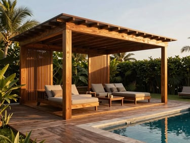 Modern outdoor pergola and wood deck next to a swimming pool, warm golden-hour light, 35mm