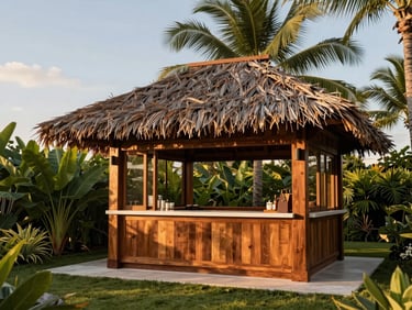 Luxury tropical kiosk with high-end palm roof integrated into a lush garden at sunset, 35mm