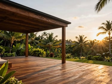 High-end outdoor wooden deck and modern pergola overlooking a lush tropical garden, warm sunset light, editorial architectural photography