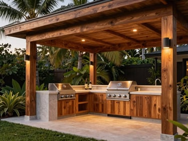 Luxury outdoor kitchen and BBQ area under a wooden pavilion, warm ambient lighting, modern architectural details, editorial style
