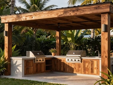 Sophisticated outdoor kitchen and BBQ area under a custom wood structure, editorial styling, 35mm
