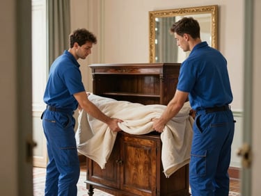 Professional movers carefully wrapping a vintage wooden cabinet with protective blankets in a sunlit historic Italian apartment, shallow depth of field, warm editorial photography.