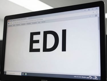 Close-up of an EDI interface on a monitor, sharp industrial photography, bright overcast daylight, high-contrast cool tones, crisp architectural framing, 35mm lens