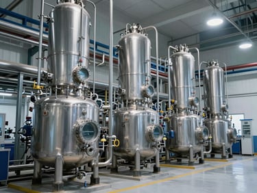 Wide-angle, clean industrial chemical facility showing stainless steel reactors, polished piping, and clinical cool-toned laboratory lighting with sharp focus.