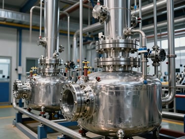 High-contrast industrial daylight shot of stainless steel chemical reactor valves and piping inside a clean, modern manufacturing facility.
