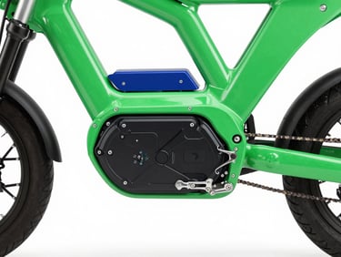 A clean technical diagram of an electric motorcycle drivetrain showcasing the removable battery pack, high-contrast studio lighting.