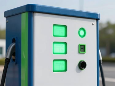 A close-up of a modern battery swap station cabinet with glowing green indicators, high-contrast commercial lighting, crisp focus.