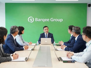A professional corporate meeting room with representatives from Barqee Group and Global Riders Network, clean daytime lighting.