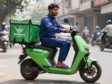 A Pakistani commercial delivery rider smiling next to his electric motorcycle, bright natural daylight, Karachi street background.