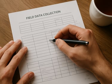 Close-up overhead shot of hands marking a printed field data collection form with a pen, natural daylight from a nearby window, a cup of tea partially visible at the frame edge, handwritten annotations in the margins, paper texture sharp and clear