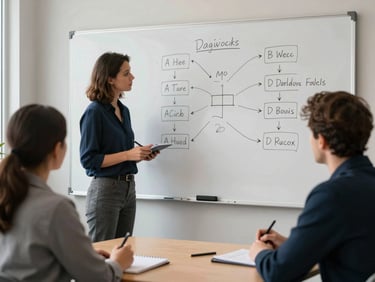 A facilitator standing beside a whiteboard covered in handwritten process diagrams, two colleagues seated at a table taking notes, modest meeting room, natural light, working session in progress