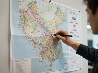 Hand tracing routes on a large printed geographic map pinned to an office wall, organizational diagrams partially visible beside it, natural indoor light