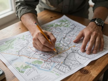 Close-up overhead view of a field researcher's hands marking a large printed map spread across a wooden table, a pencil mid-stroke, handwritten annotations visible, natural window light from the left casting soft shadows across the document surface