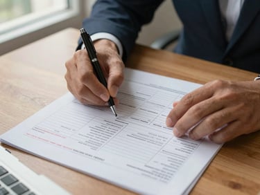 Close-up overhead shot of a consultant's hands annotating a printed evaluation framework on a wooden desk, red pen marks visible on the margins, natural window light from the left