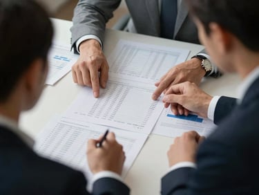 Two analysts seated at a table reviewing printed data tables and charts, one pointing at a column of figures, natural office light, documents spread across the surface