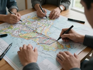 Hands tracing routes on a large hand-annotated geographic map spread across a table, felt-tip markers and printed legend visible, overhead framing, natural light from a window to the side