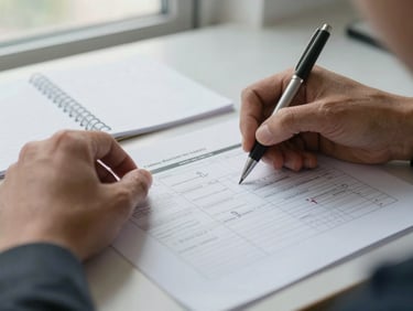 Close-up of a consultant's hands marking a printed monitoring framework document at a desk, natural window light, pen visible mid-motion, field notes spread around, truthful documentary exposure