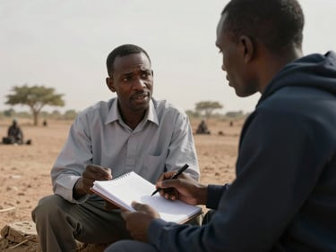 Field researcher interviewing a community member outdoors in a Mauritanian setting, notebook open, afternoon diffused light, low-key documentary framing