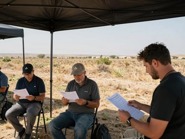 Wide environmental shot of a field data collection session, two people seated with paper questionnaires under a canopy shade structure, natural harsh midday light, arid landscape visible in background