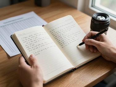 Close-up of hands holding a field notebook open to hand-written notes beside a printed evaluation grid, natural window light from the right, plain wooden desk surface
