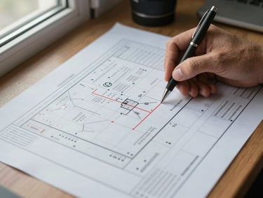 Close-up overhead of a hand marking zones on a printed field map, a pen resting on annotated columns of data, natural window light from the left, modest office table surface visible