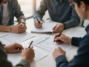 Small project team gathered around a table covered with budget spreadsheets and financing documents, one person writing notes, warm natural window light from behind