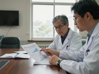Two researchers in a modest meeting room reviewing a printed socioeconomic study report together, one pointing to a chart on the page, natural window light, open notebooks on the table, documentary framing