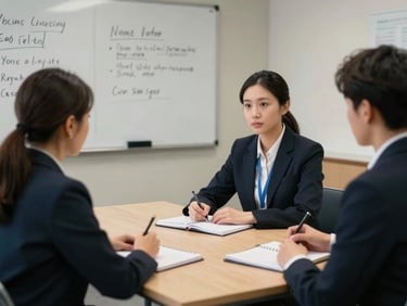 Consultant seated across from two institutional staff members in a modest meeting room, open notebooks on the table, whiteboard with handwritten notes visible in the background