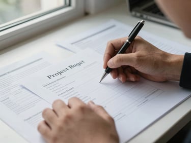 Close-up of a consultant writing a project budget framework on a printed template, hands visible with pen, desk covered with funding guidelines and draft documents, natural window light